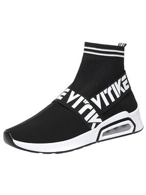 Black Knit High-Top Slip-On Sneakers with Contrast Strap